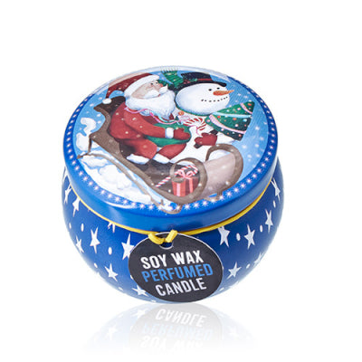 Soy wax perfumed candle in a blue tin with Christmas design on a white background