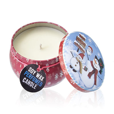 Soy wax scented candle in a festive tin with snowman design