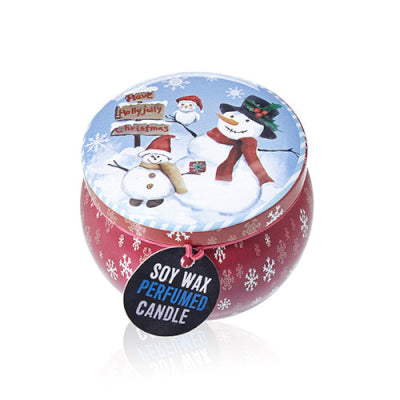 Soy wax perfumed candle in a festive tin with snowmen design on a white background