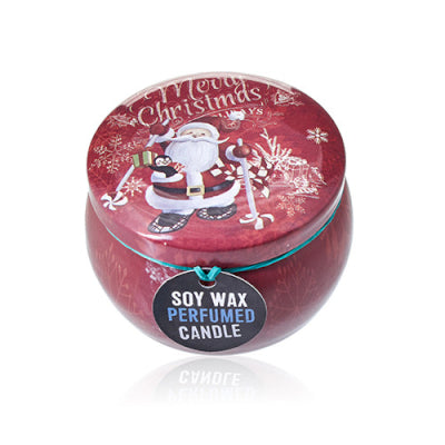 Red soy wax perfumed candle with a festive design on the lid against a white background