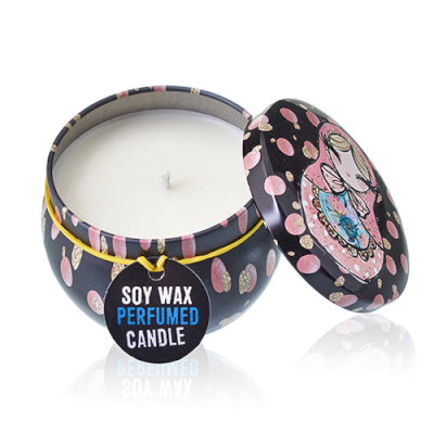 Soy wax perfumed candle in a decorative tin with a colorful label.