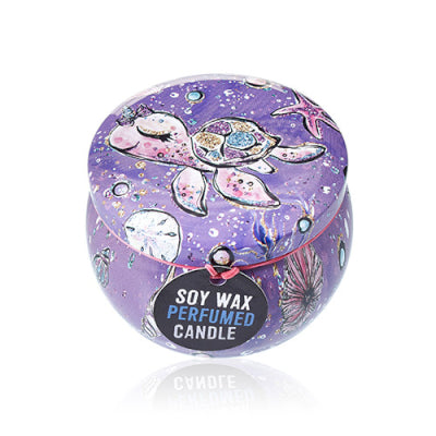 Soy wax perfumed candle tin with decorative elements on a white background
