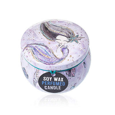 Soy wax perfumed candle in a decorative container with mermaid design on a white background