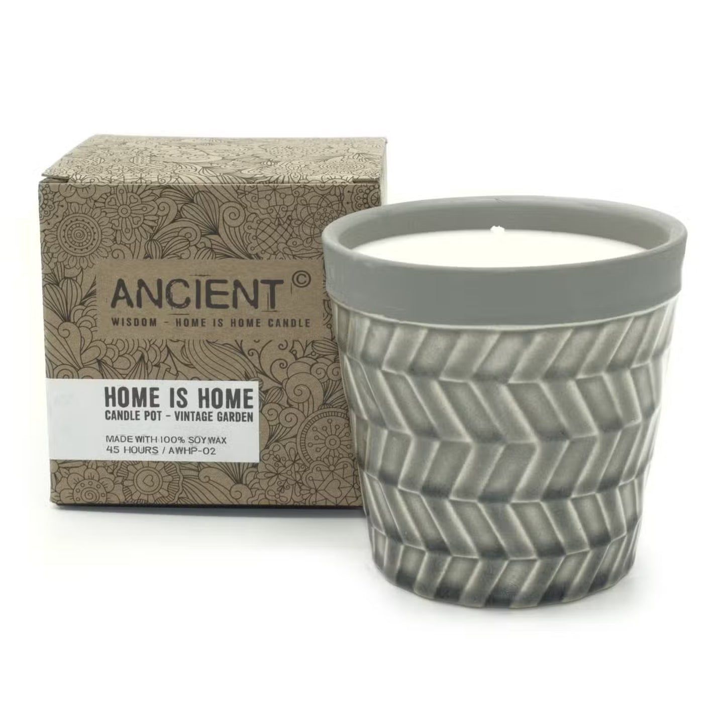 Gray textured candle pot with gray lid and decorative box labeled 'Ancient Wisdom' on a white background