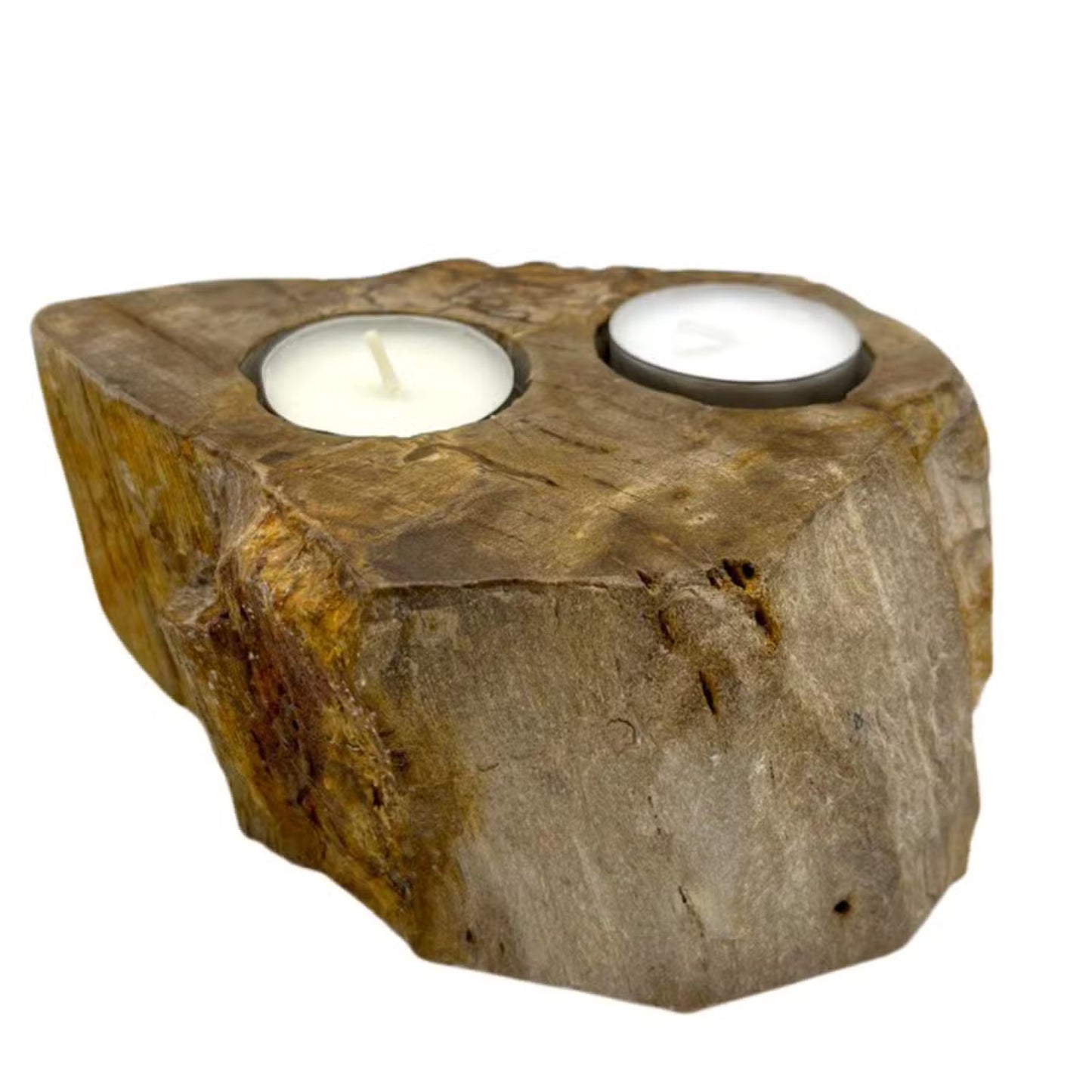 Candle holder made of natural wood with two candles inside on a white background