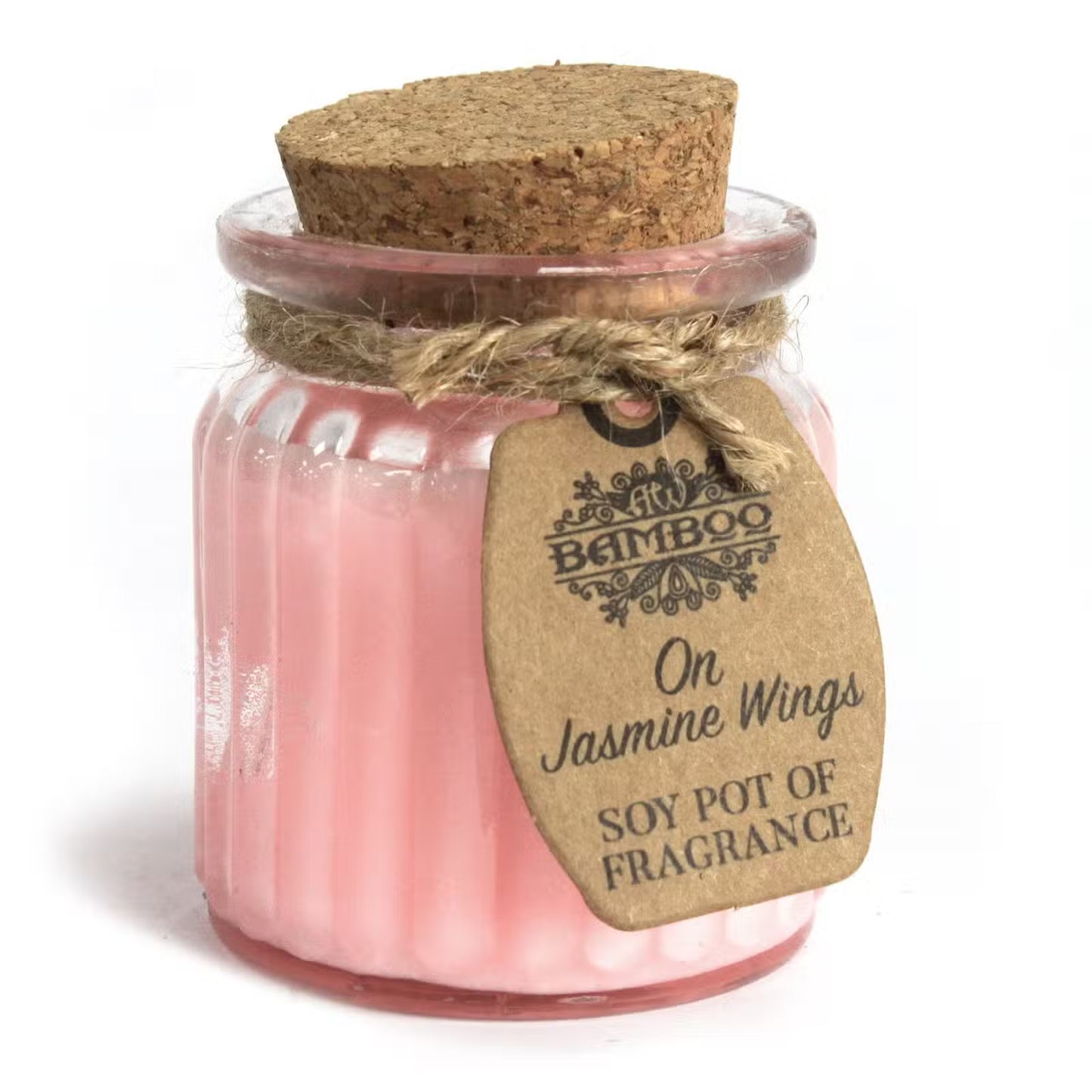 Pink soy pot of fragrance with cork lid and 'Bamboo' label on a white background