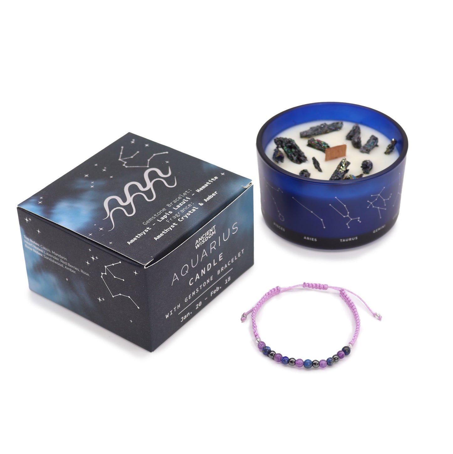 A set of an Aquarius-themed crystal candle with a blue glass container, soy wax, and embedded gemstones, alongside a gemstone bracelet with amethyst, lapis lazuli, and hematite, with a product box featuring zodiac constellations.