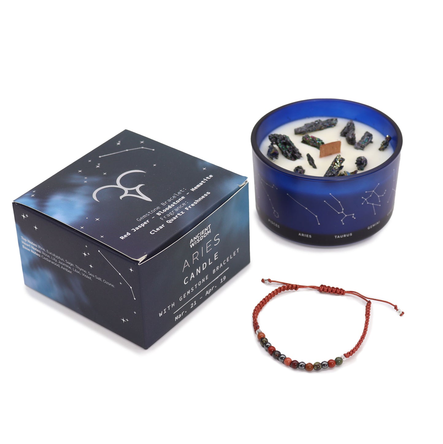 Aries themed crystal candle and gemstone bracelet set, with the candle in a blue container and the box featuring zodiac constellations. The bracelet appears to have red and black beads.