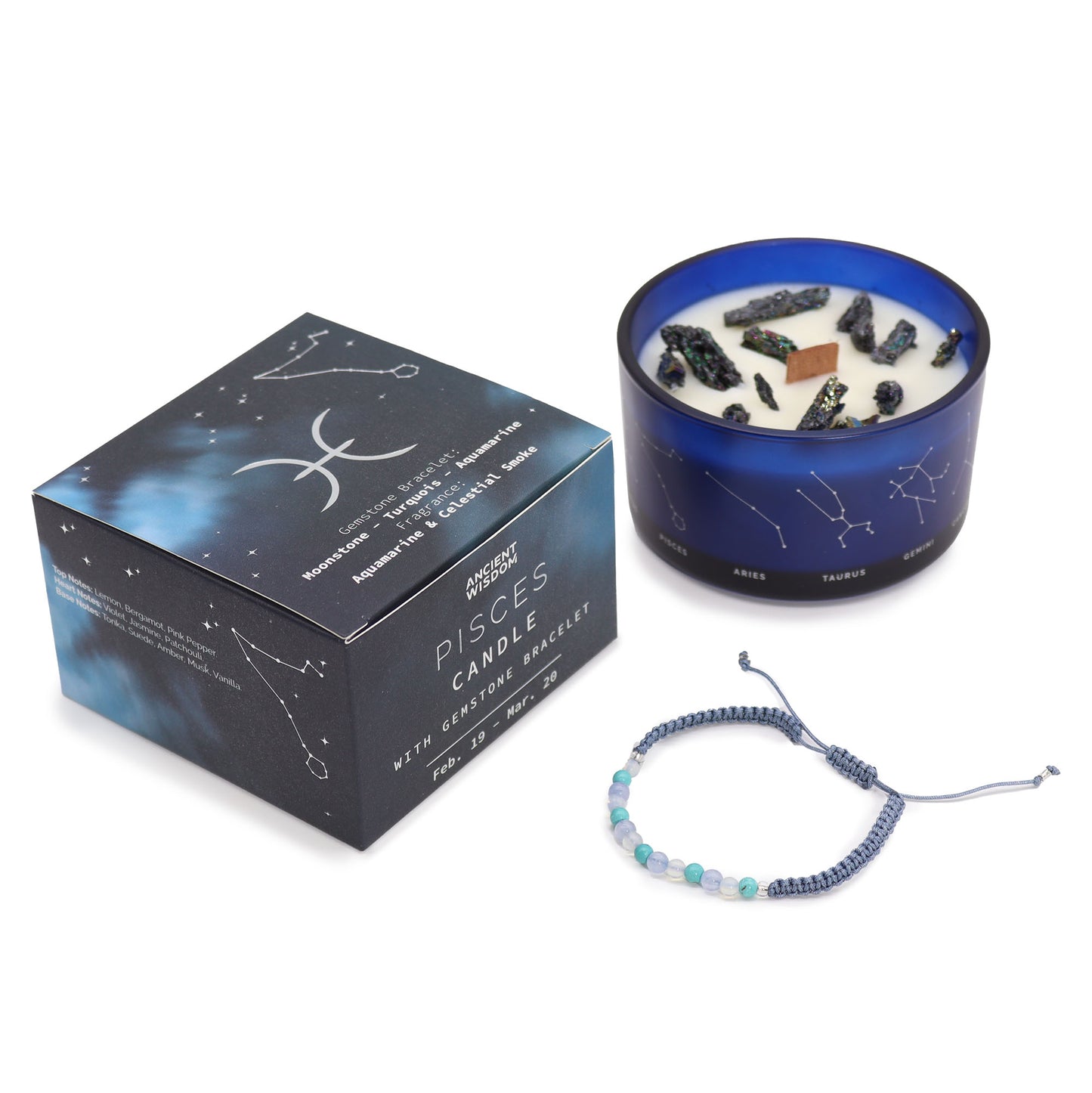 A set of a blue container candle with a geometric pattern and a gemstone bracelet, alongside its black box packaging with star patterns.