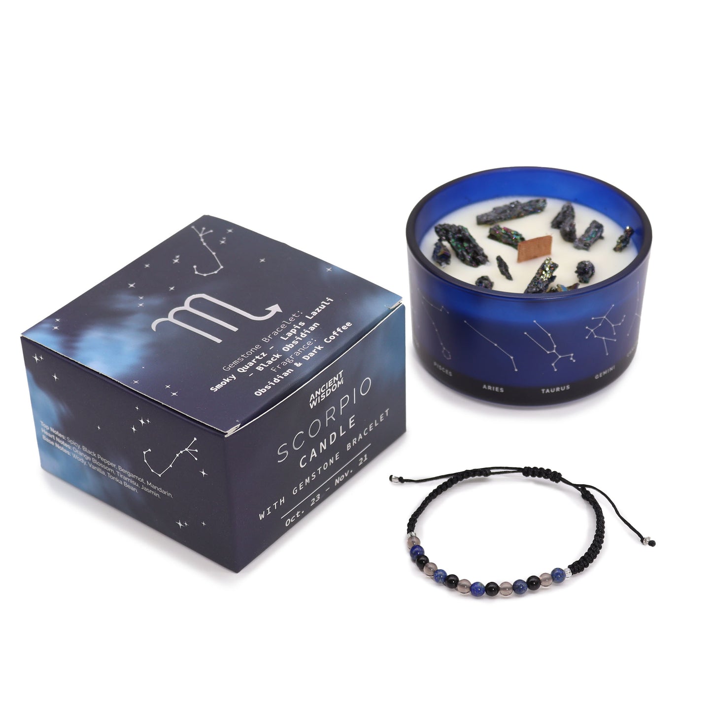 A Scorpio-themed candle set including a candle in a blue container with a mix of black and clear chips, and a gemstone bracelet, with a product box in the background.