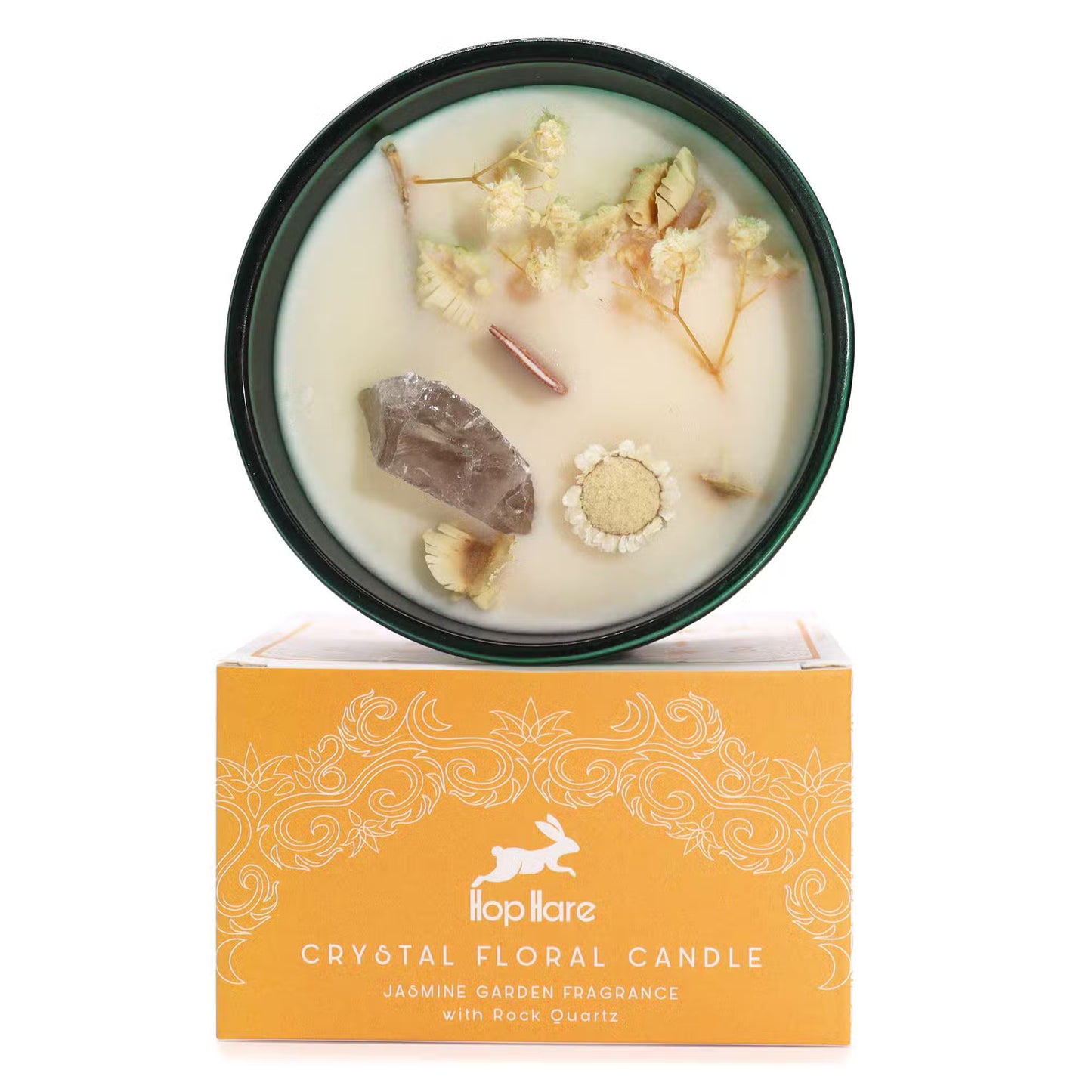 Crystal floral candle with decorative packaging on a white background