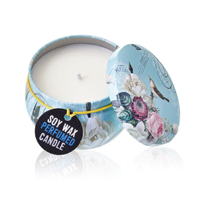 Perfumed candle in a decorative tin with floral design on a white background