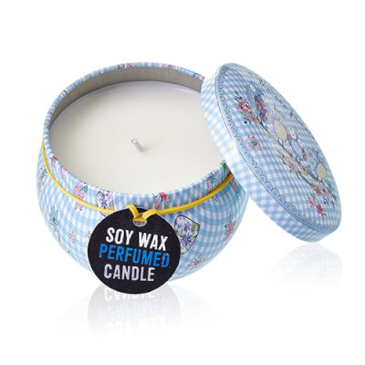 Soy wax perfumed candle in a decorative tin with a checkered pattern on a white background