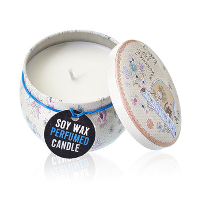 Soy wax perfumed candle in a decorative tin with a lid featuring illustrations.