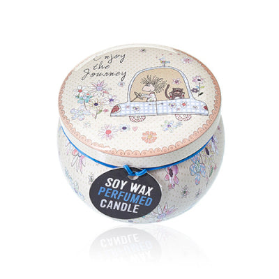 Round soy wax perfumed candle with decorative lid on a white background