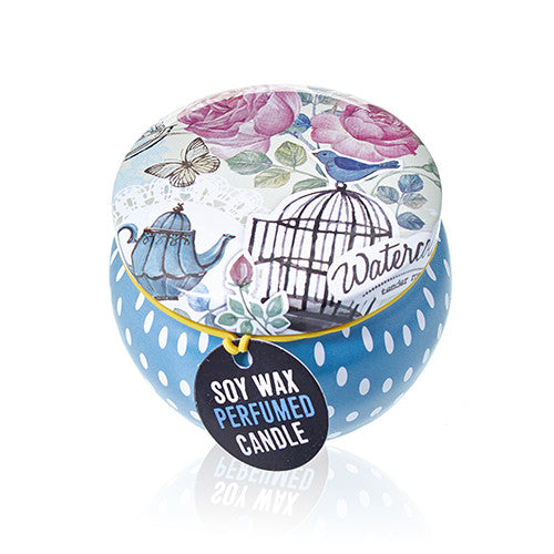 Soy wax perfumed candle in a decorative polka dot container with floral design