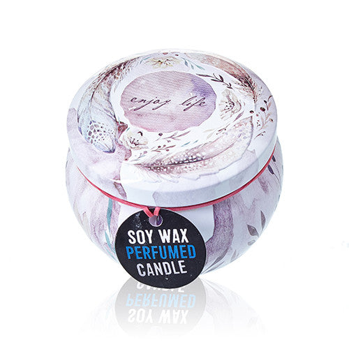Soy wax perfumed candle in a decorative container with 'enjoy life' text.