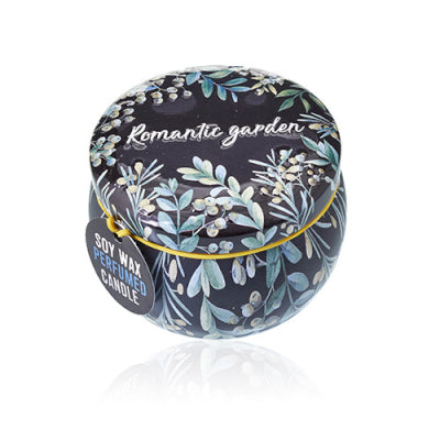 Candle packaging with floral design and 'Romantic Garden' text on a white background