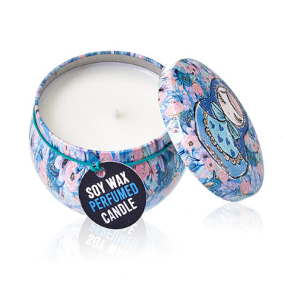 Soy wax perfumed candle in a decorative tin with a floral design on a white background