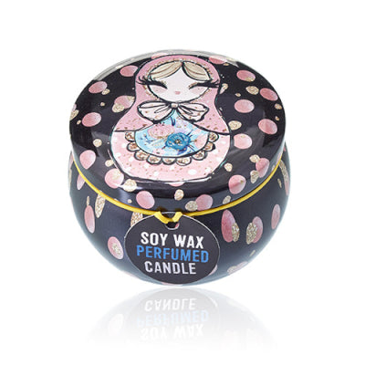Cylindrical soy wax perfumed candle with decorative lid on a white background