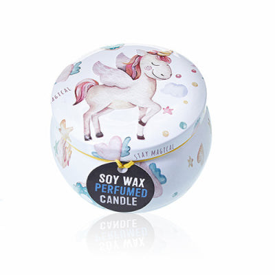 Soy wax perfumed candle in a decorative tin with a lid featuring illustrations.