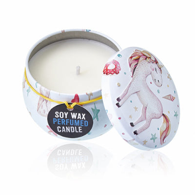 Round soy wax perfumed candle with decorative lid on a white background