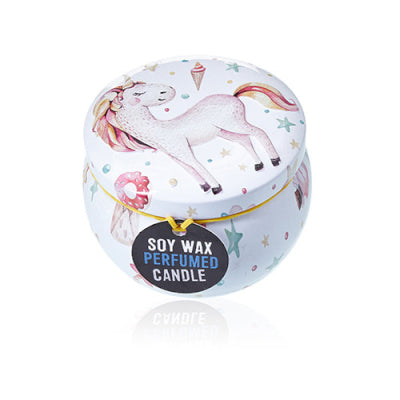 Soy wax perfumed candle tin with unicorn design on a white background