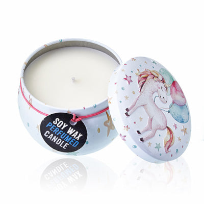 Soy wax candle in a tin with a unicorn design on the lid