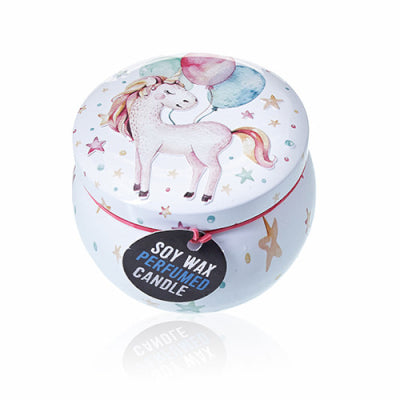 Candle tin with unicorn design on a white background