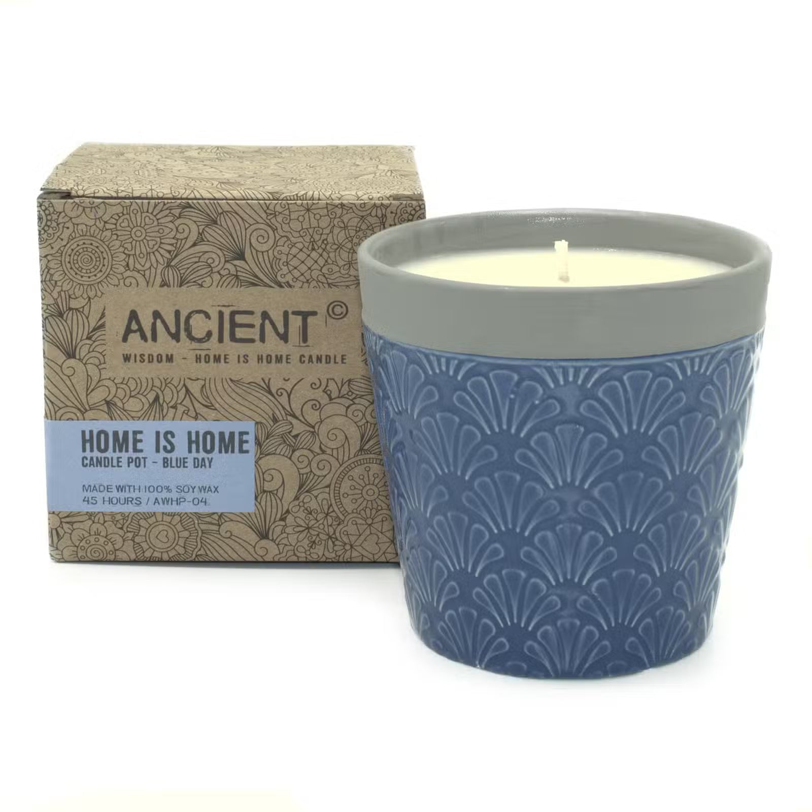 Candle with decorative pattern and packaging labeled 'Ancient'