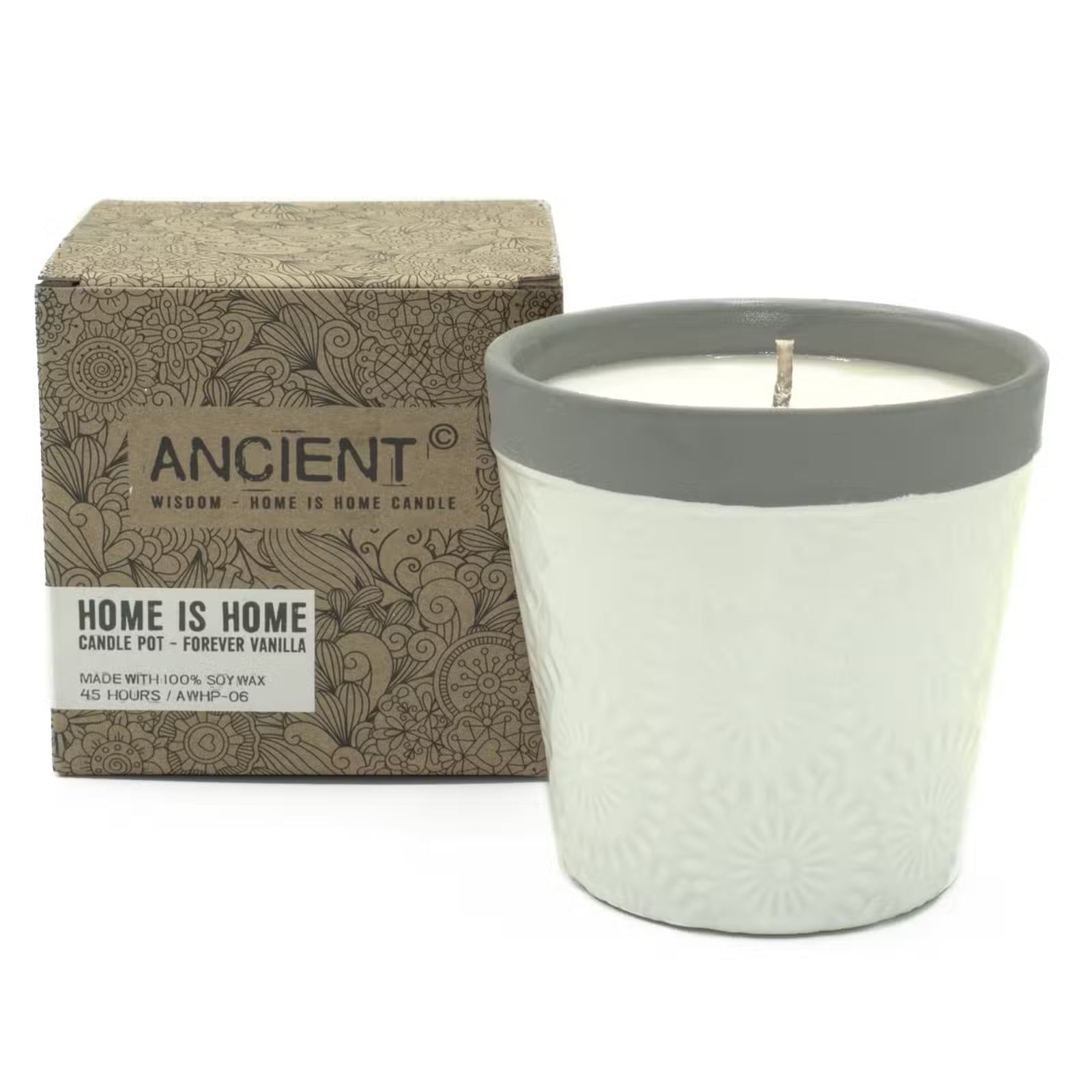 Candle pot with gray lid and decorative box labeled 'Ancient Wisdom Home is Home Candle Pot' on a white background