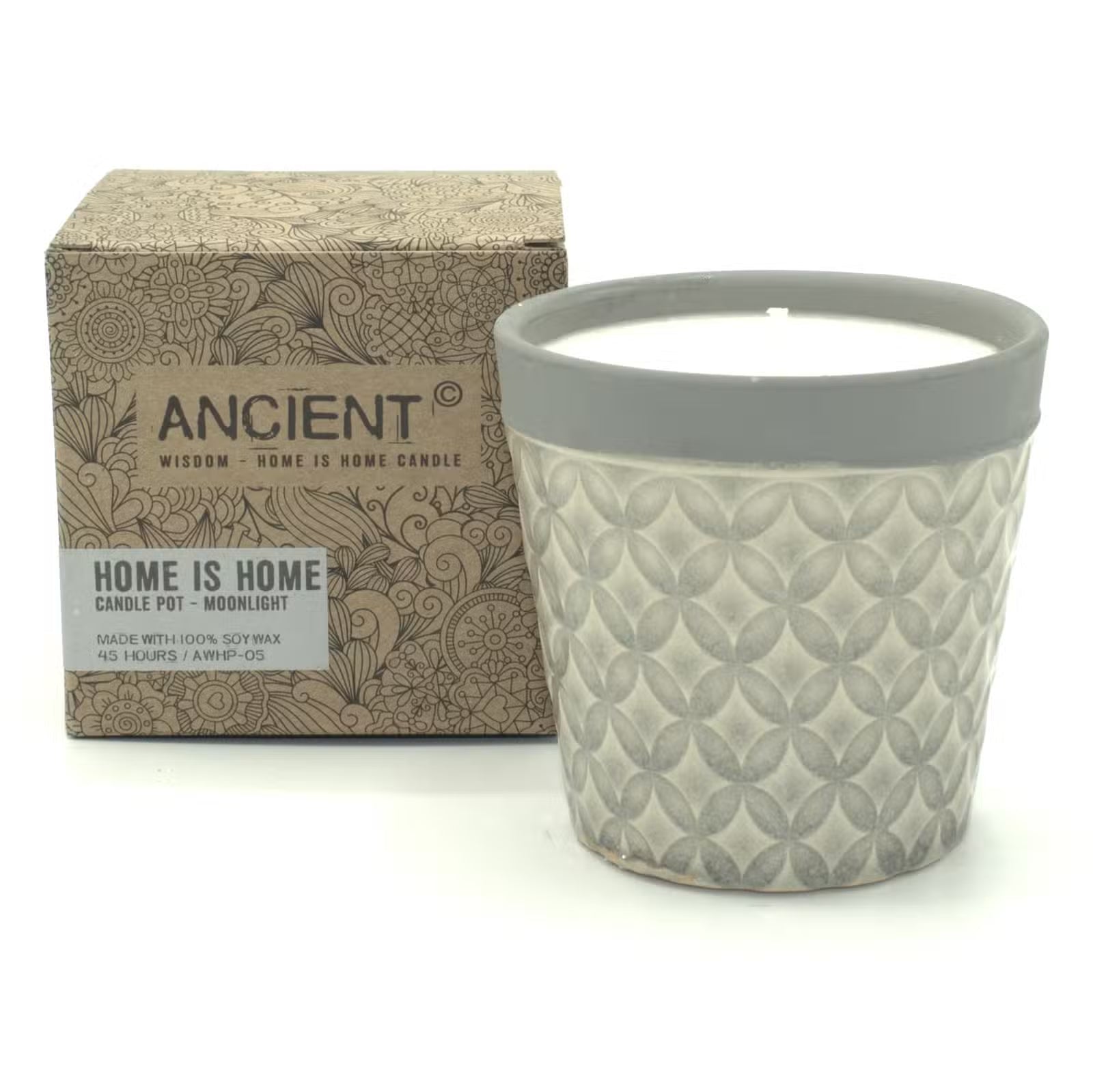 Candle pot with geometric pattern and gray lid next to its packaging box on a white background