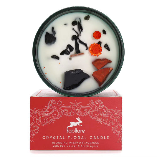 Crystal floral candle with decorative elements on a red box, featuring the brand Hop Hare