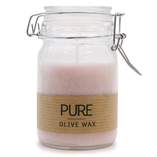 Candle in a glass jar with a wick, featuring a brown label with 'PURE OLIVE WAX' text on a white background.