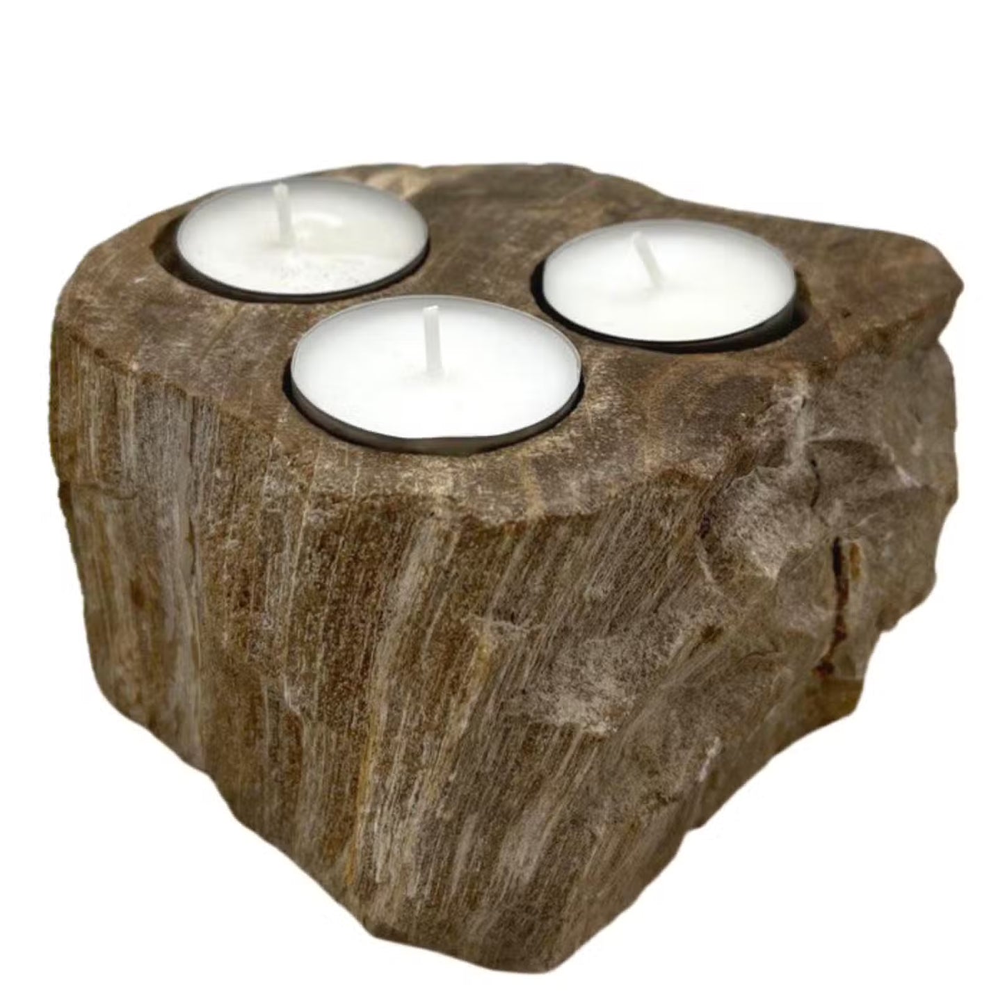 Decorative candle holder made of wood with three white candles inside on a white background