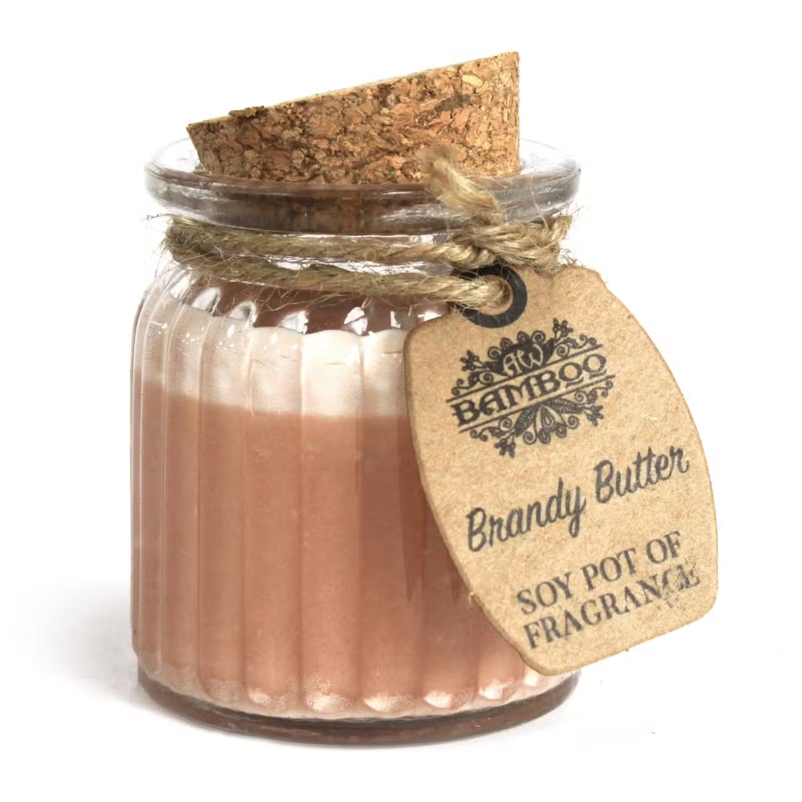Jar of Brandy Butter soy pot of fragrance with a cork lid and decorative tag on a white background