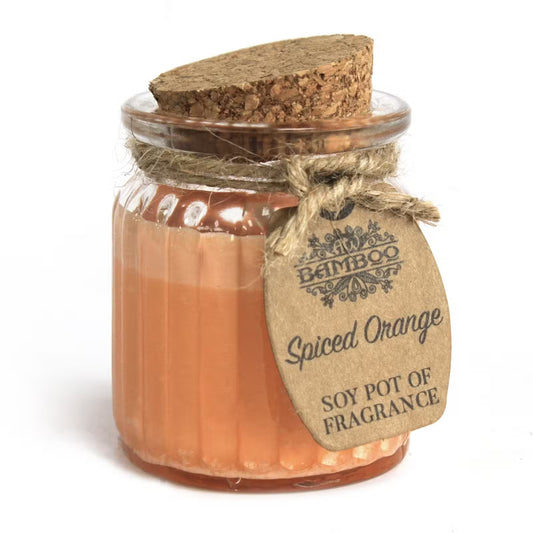 Soy pot of fragrance labeled 'Spiced Orange' with a cork lid on a white background