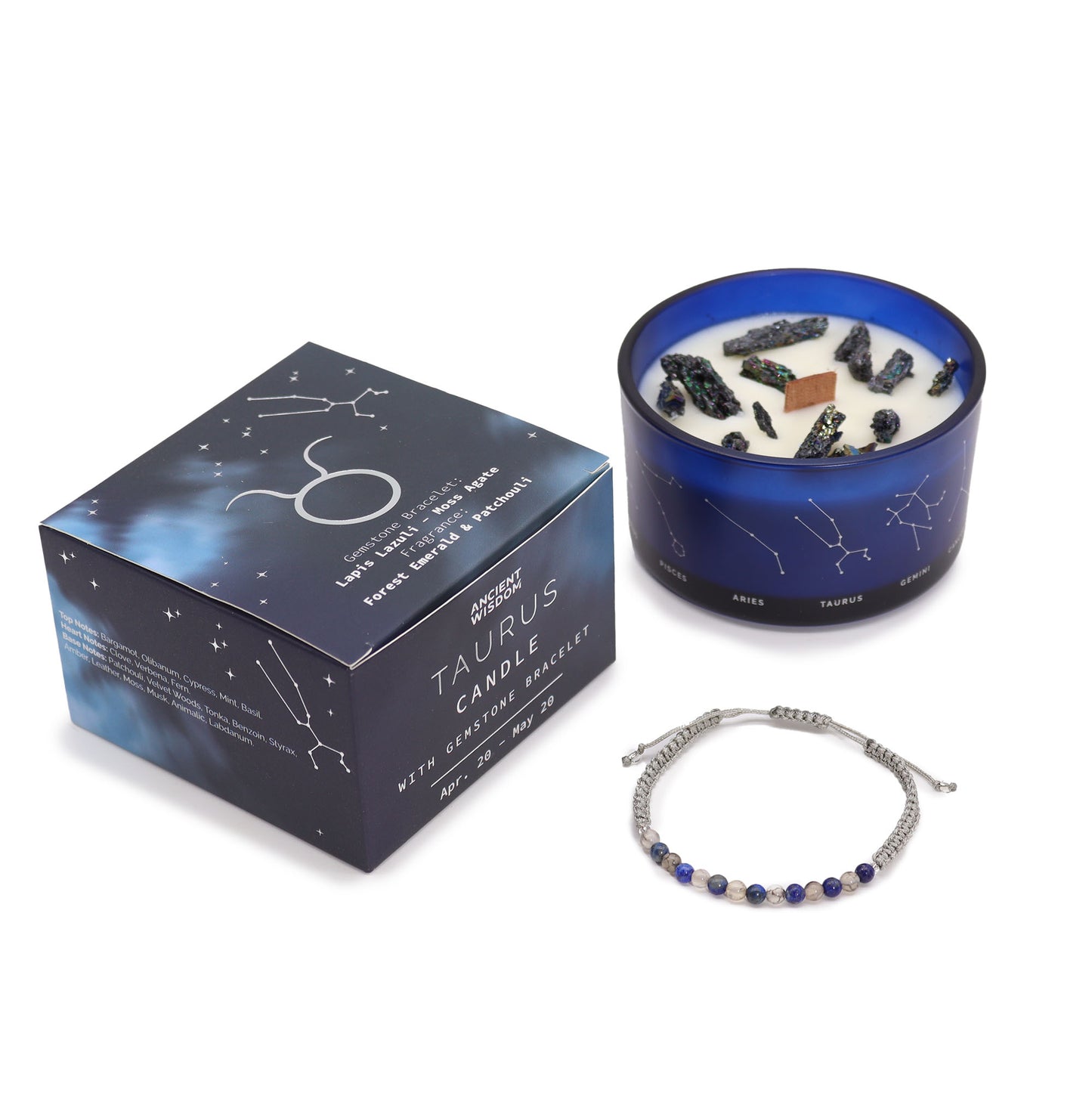 A set including a Taurus-themed candle in a blue container with crystals inside, a gemstone bracelet with lapis lazuli and moss agate, and a box with the product packaging.