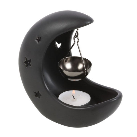 Crescent Moon with Star Cut-Outs Ceramic and Metal Wax Melt Burner – Black - Ettovi Candle Company