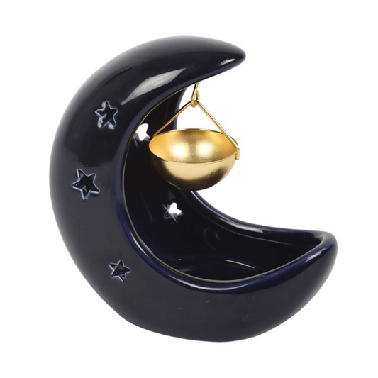 Crescent Moon with Star Cut-Outs Ceramic and Metal Wax Melt Burner – Blue - Ettovi Candle Company
