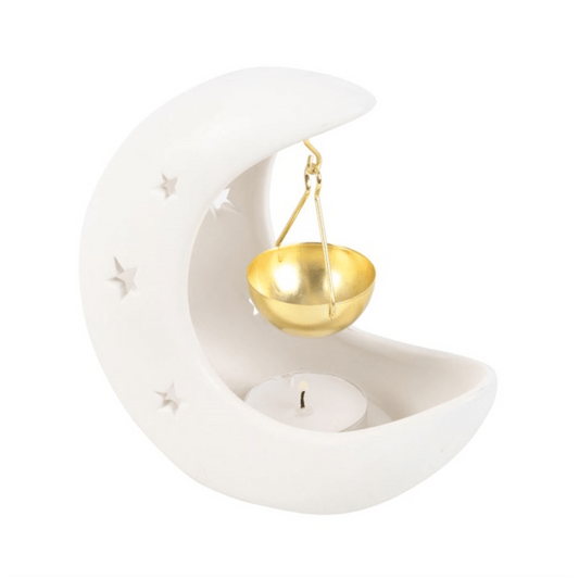 Crescent Moon with Star Cut-Outs Ceramic and Metal Wax Melt Burner – White - Ettovi Candle Company