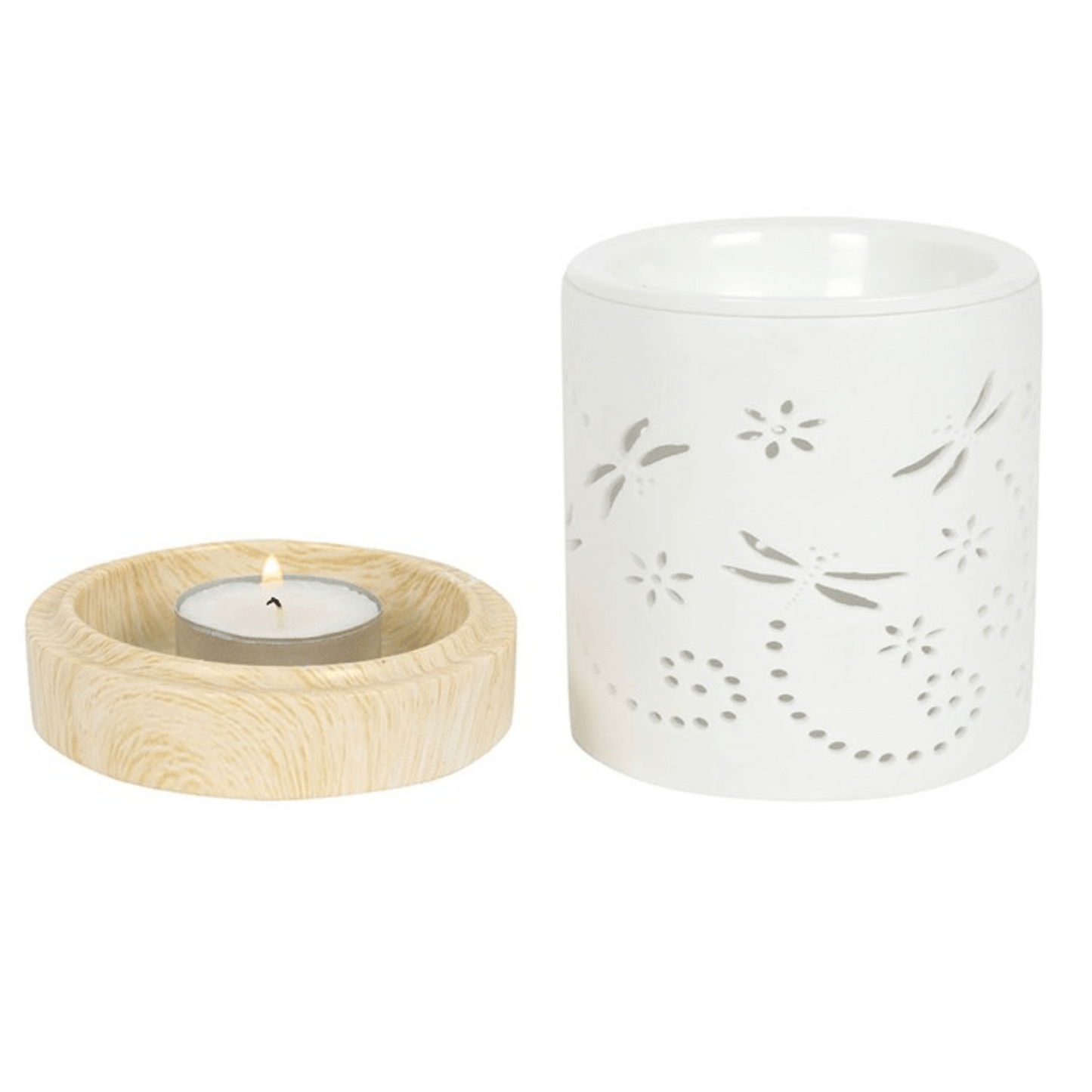 Dragonfly Cut Out Wax Melt Burner with Wooden Base - Ettovi Candle Company