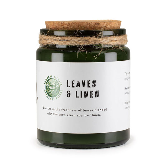 Greenman Leaves & Linen Woodwick Candle - Ettovi Candle Company
