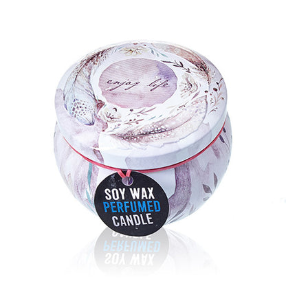 Soy wax perfumed candle in a decorative container with 'enjoy life' text.
